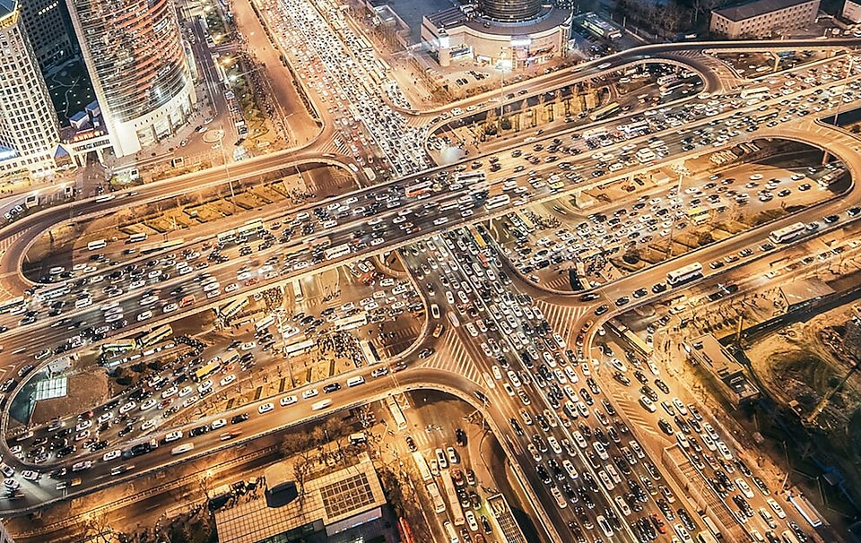 Busy city intersection aerial view