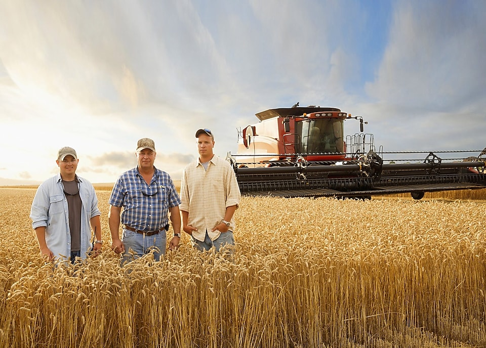 Two generations of Caucasian farmers in wheat field